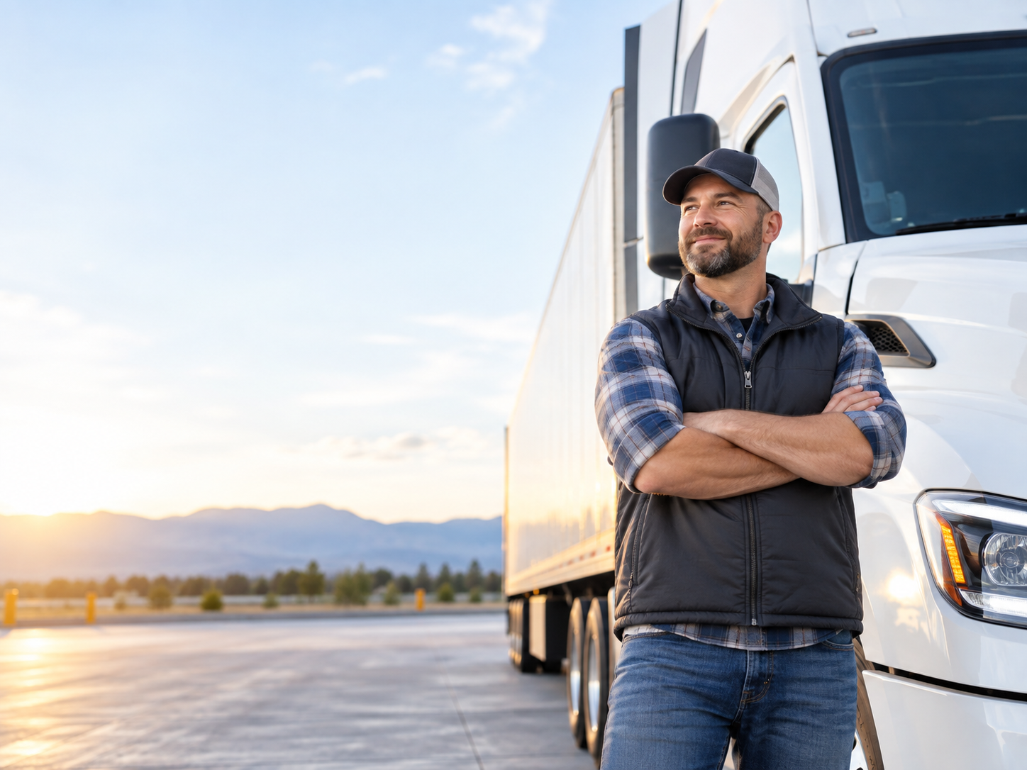 Professional truck driver standing beside a semi-truck